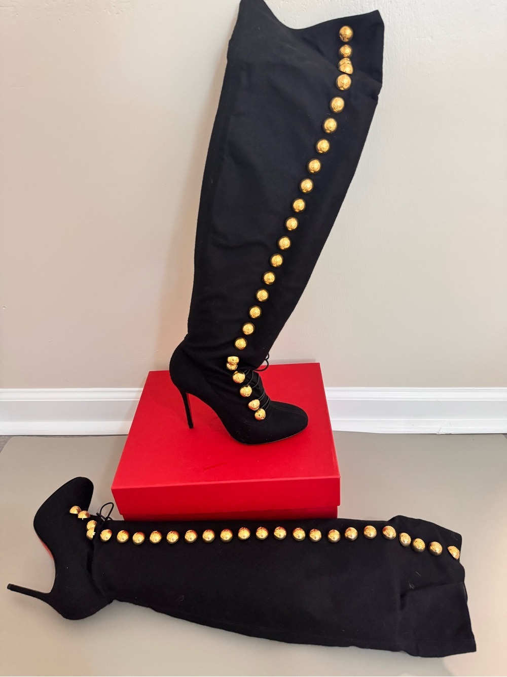 Christian Louboutin Ronfifi Supra Black Suede Gold Button OTK Boots 35.5 - Picture 2 of 10